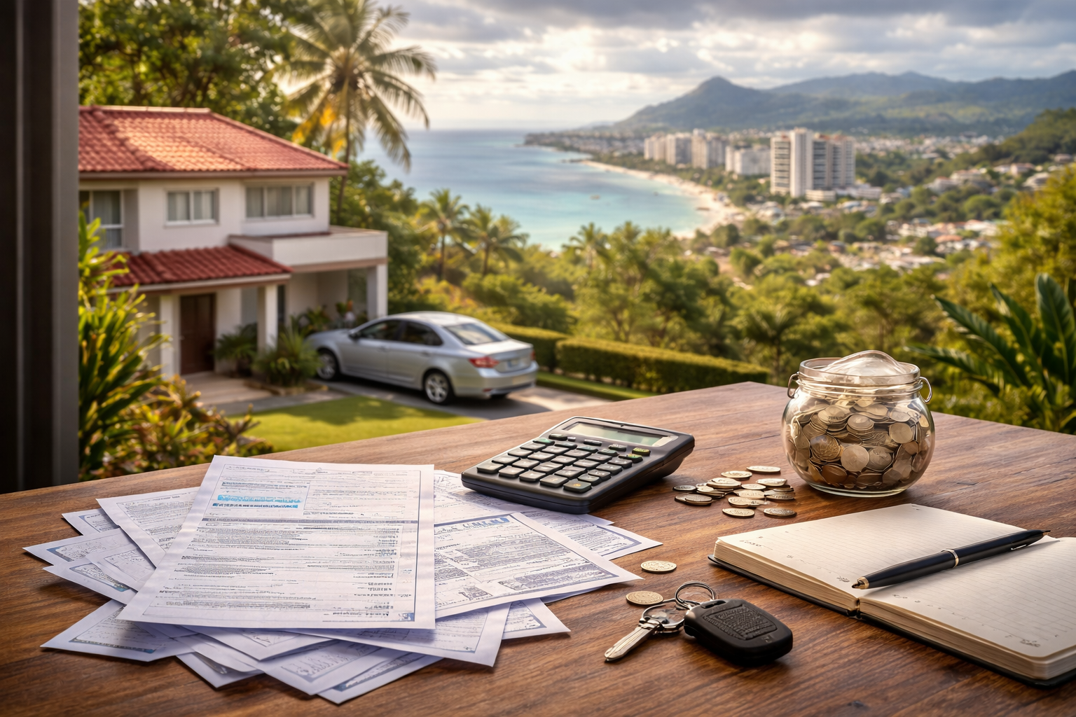 Vue d’une maison à Maurice avec table, factures, calculatrice et pièces de monnaie